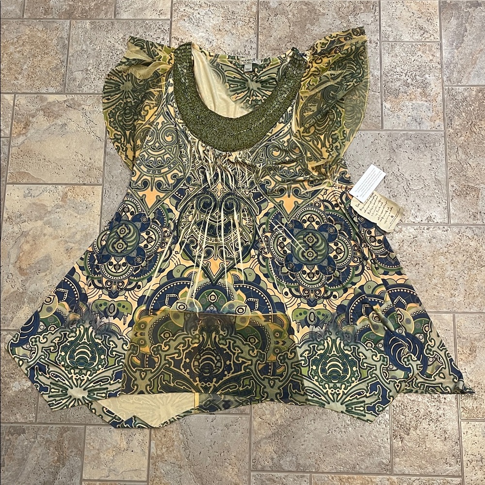 One World Green Blouse Boho Embroidered Sequin Festival Hippie XL